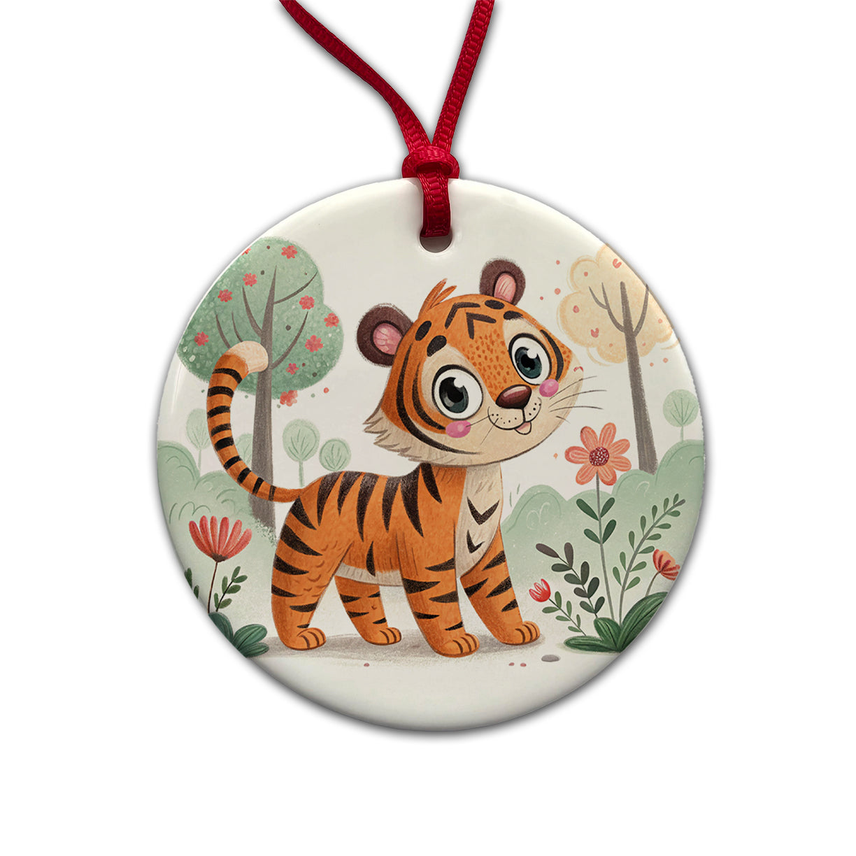 Tiger Children's Illustration Style Round Ceramic Holiday Christmas Tree Ornament