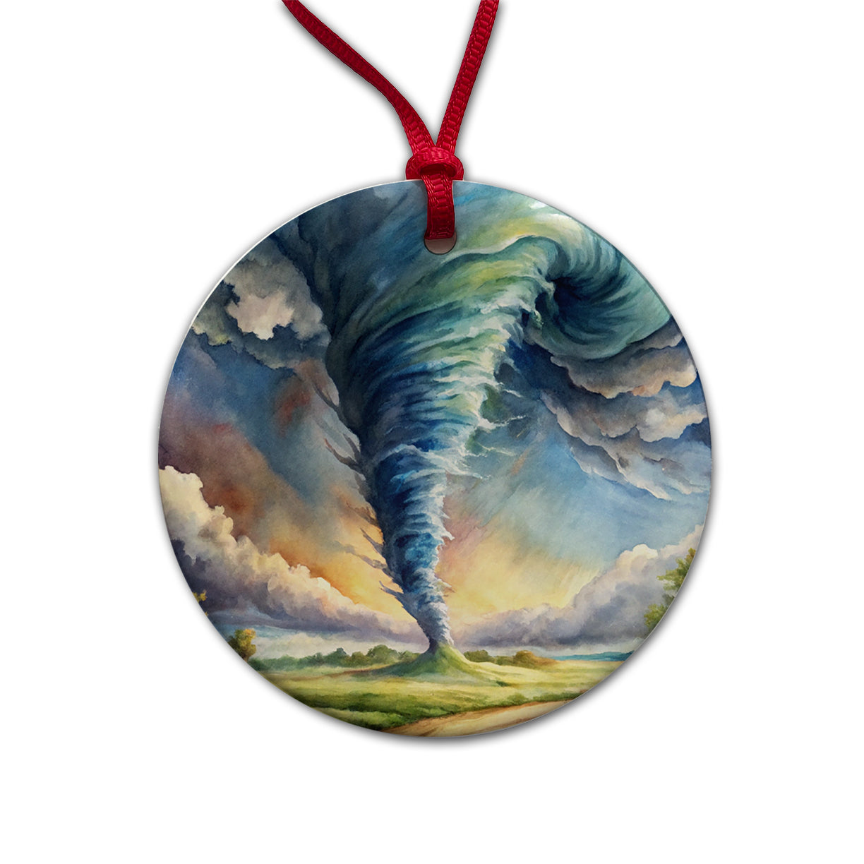 Tornado Twister Watercolor Round Ceramic Holiday Christmas Tree Ornament