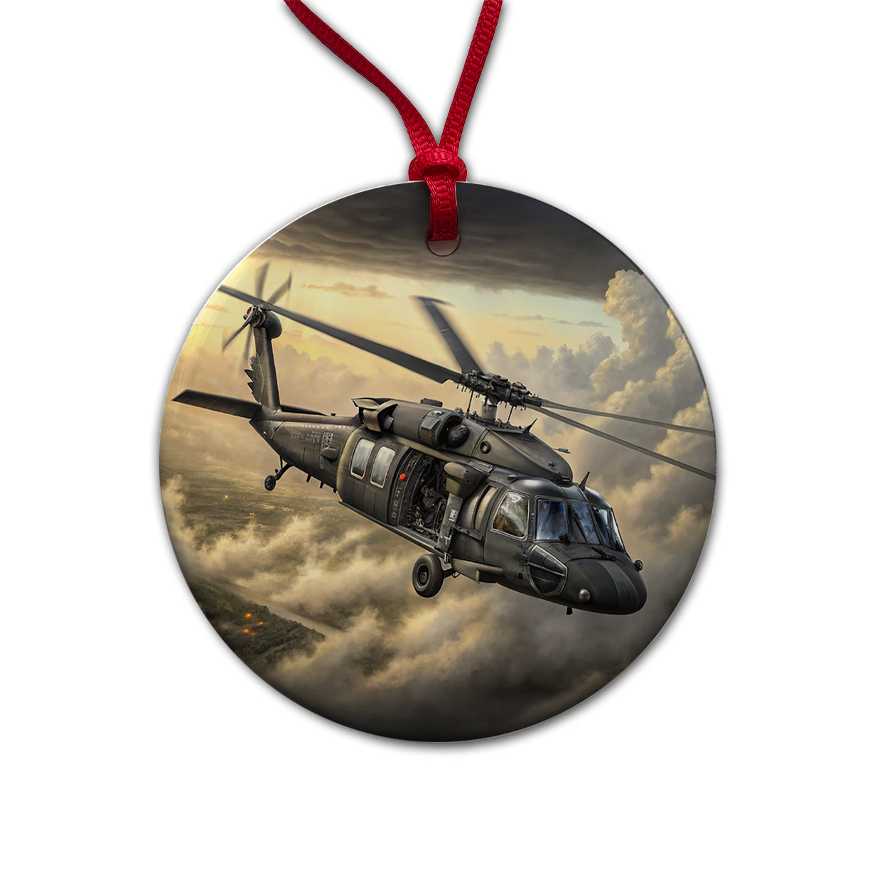 UH-60 Black Hawk US Helicopter Round Ceramic Holiday Christmas Tree Ornament
