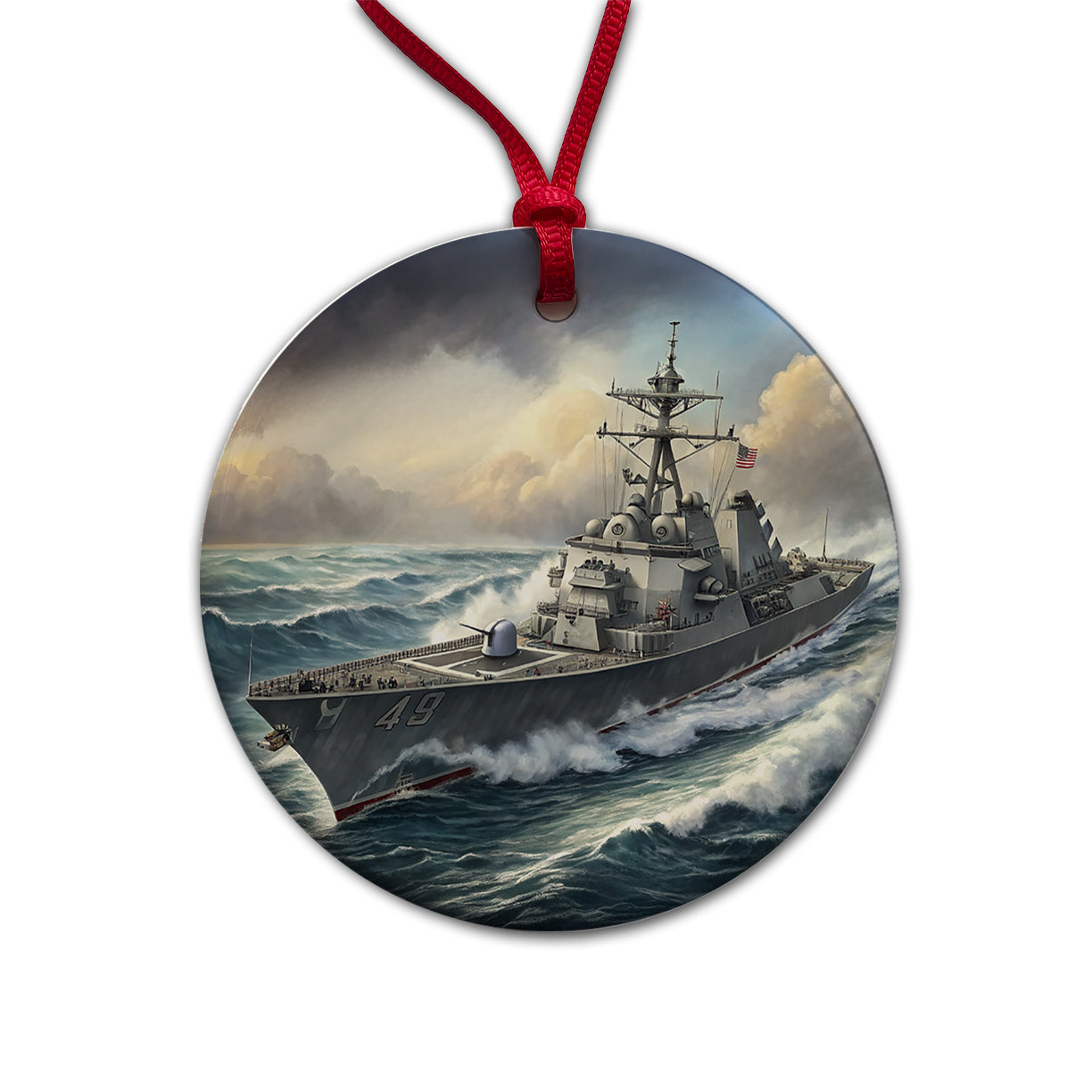 US Navy Destroyer Underway Round Ceramic Holiday Christmas Tree Ornament