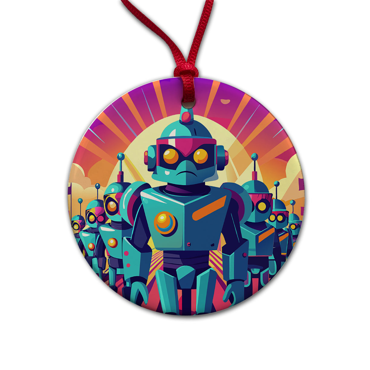 Vibrant Colored Sci-fi Robot Army Marching Round Ceramic Holiday Christmas Tree Ornament