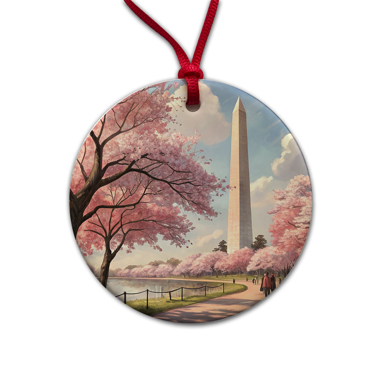Washington Monument During Cherry Tree Blossom Season Round Ceramic Holiday Christmas Tree Ornament