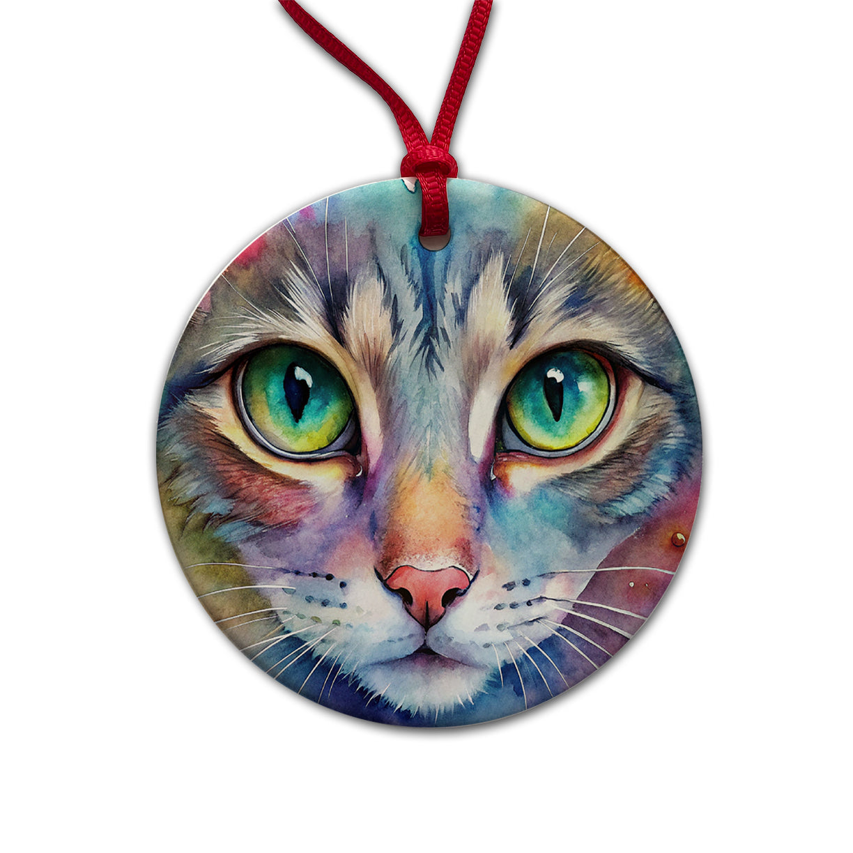 Watercolor Tabby Cat Round Ceramic Holiday Christmas Tree Ornament
