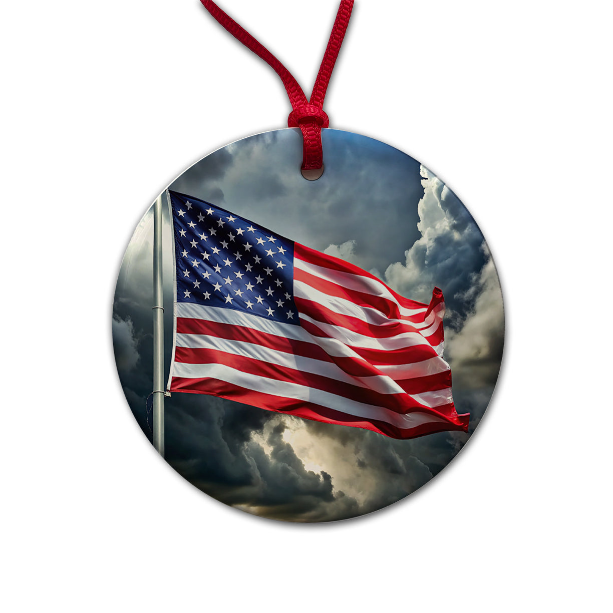 Waving American Flag After Storm Patriotic United States Round Ceramic Holiday Christmas Tree Ornament