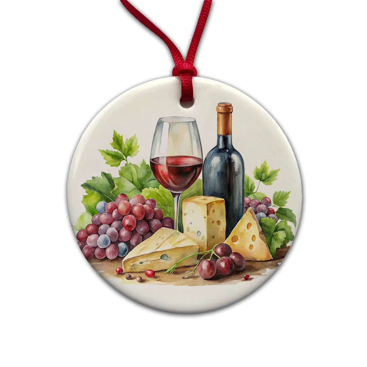 Wine Cheese Grapes Watercolor Round Ceramic Holiday Christmas Tree Ornament