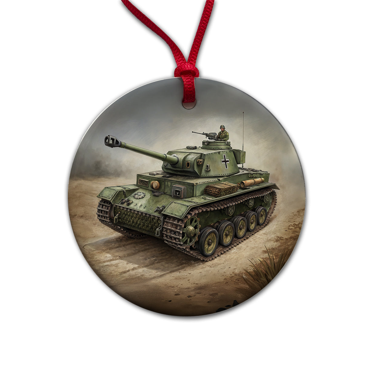 WWII German Panzer IV Tank Round Ceramic Holiday Christmas Tree Ornament