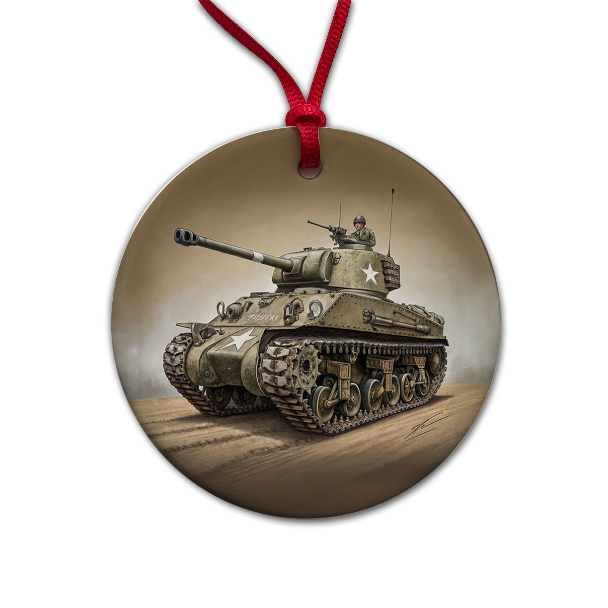 WWII M4 Sherman US Medium Tank Round Ceramic Holiday Christmas Tree Ornament
