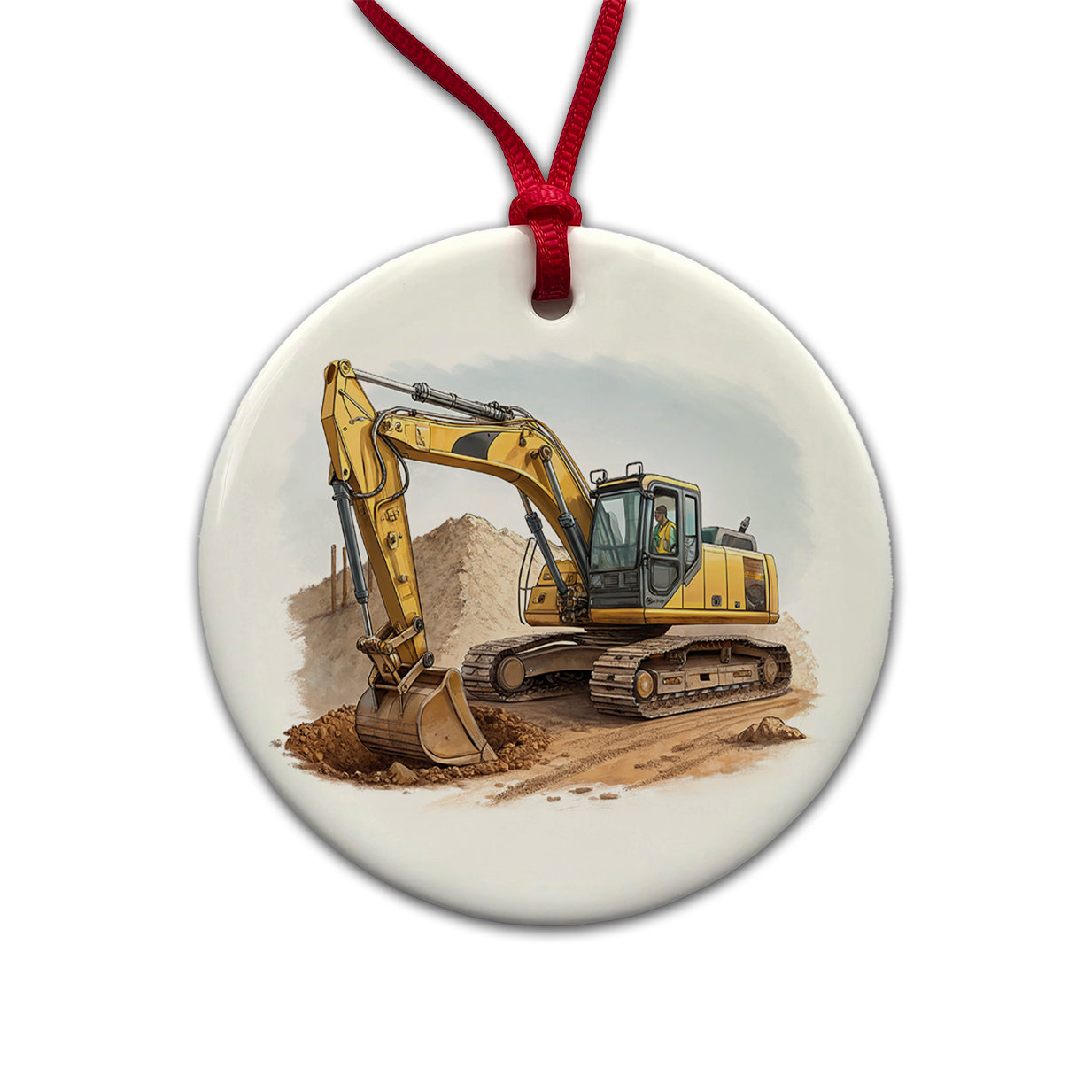 Yellow Excavator Construction Equipment Round Ceramic Holiday Christmas Tree Ornament