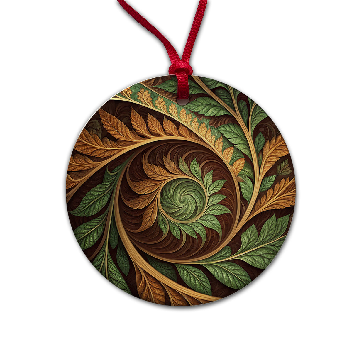 Abstract Brown Green Leaves Swirl Round Ceramic Holiday Christmas Tree Ornament