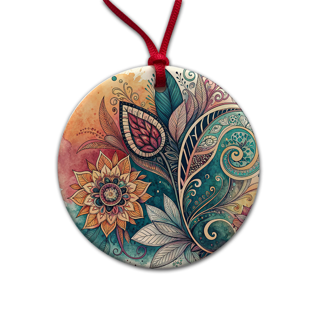 Abstract Deco Floral Leaves Swirl Design Round Ceramic Holiday Christmas Tree Ornament