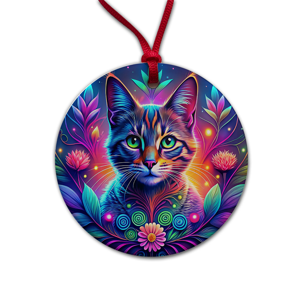 Abstract Neon Cat And Floral Design Round Ceramic Holiday Christmas Tree Ornament
