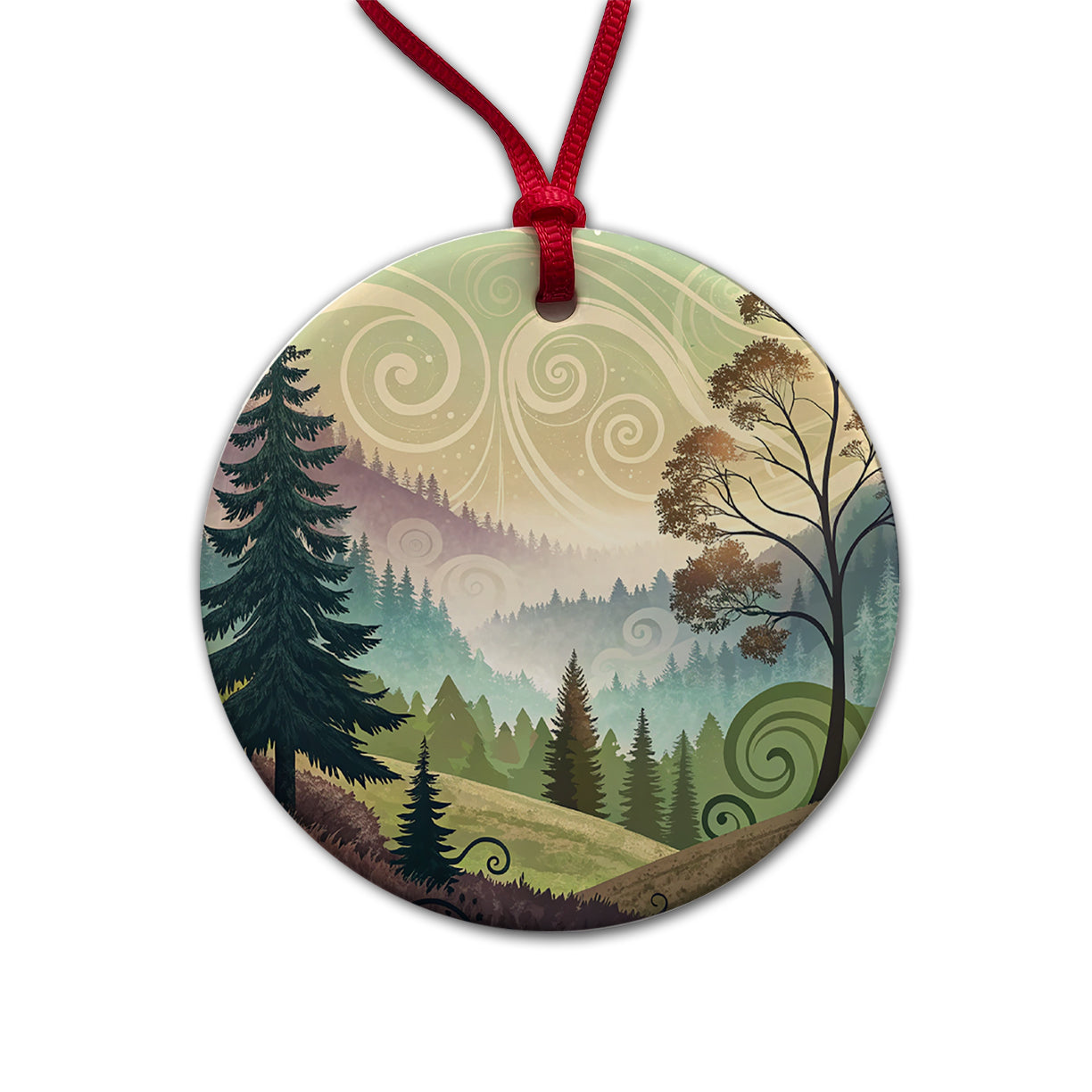 Abstract Pastel Forest Landscape Round Ceramic Holiday Christmas Tree Ornament