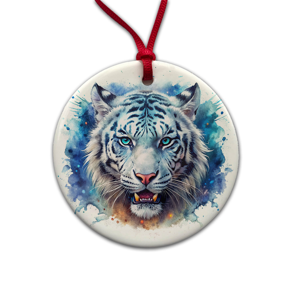 Angry White Tiger Watercolor Round Ceramic Holiday Christmas Tree Ornament