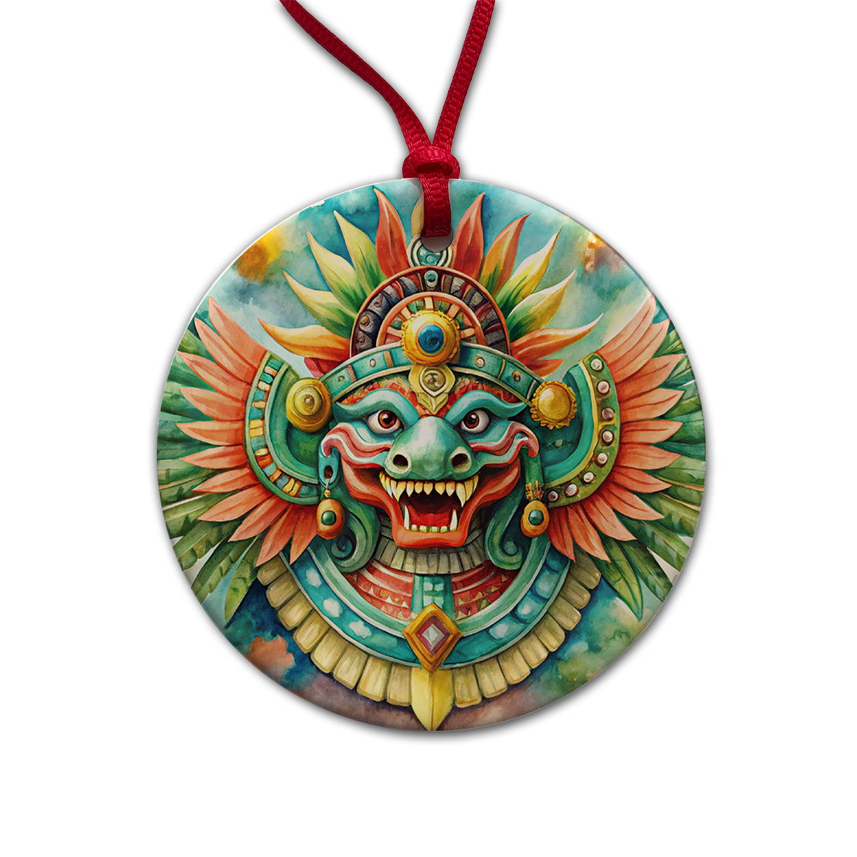 Aztec God Quetzalcoatl Watercolor Round Ceramic Holiday Christmas Tree Ornament