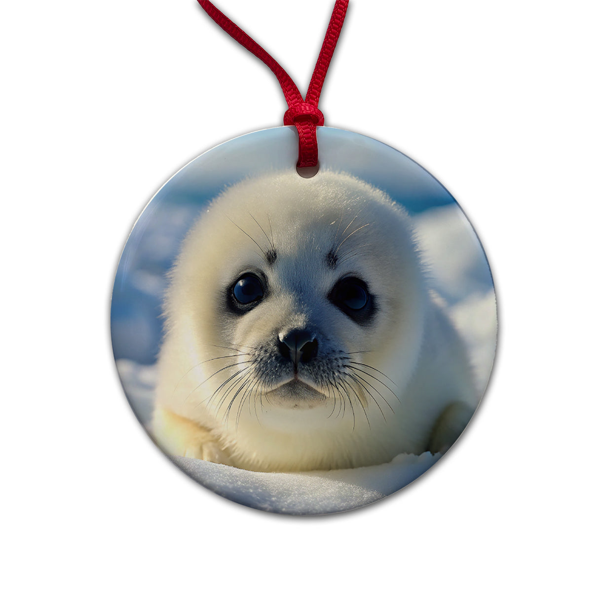 Baby Harp Seal Round Ceramic Holiday Christmas Tree Ornament