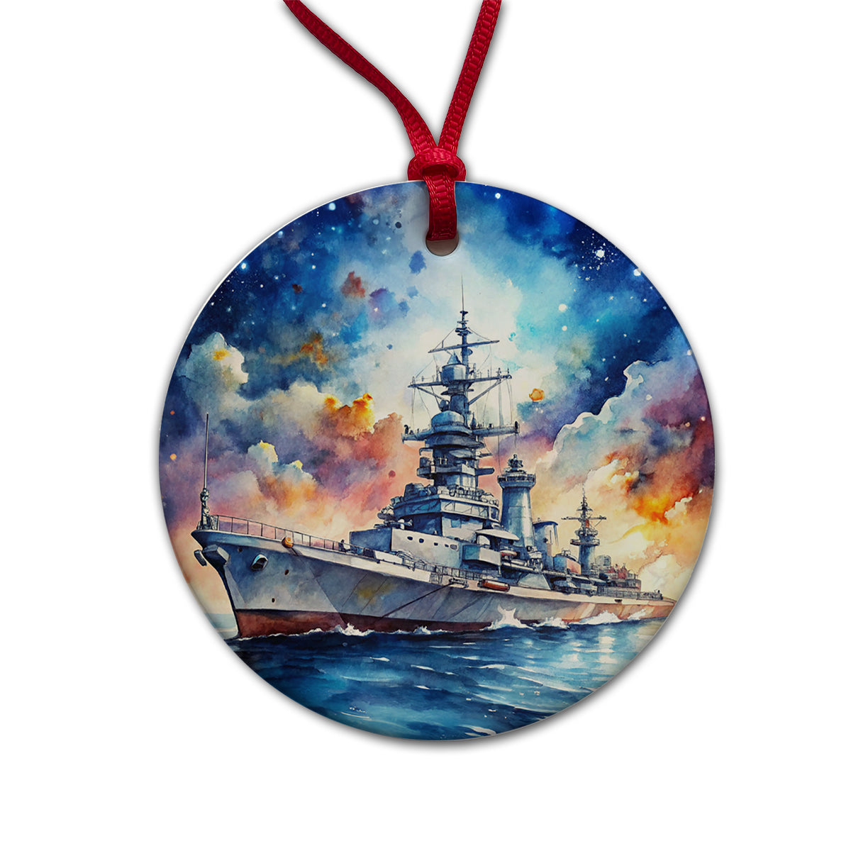 Battleship Under Fantasy Sky Watercolor Round Ceramic Holiday Christmas Tree Ornament