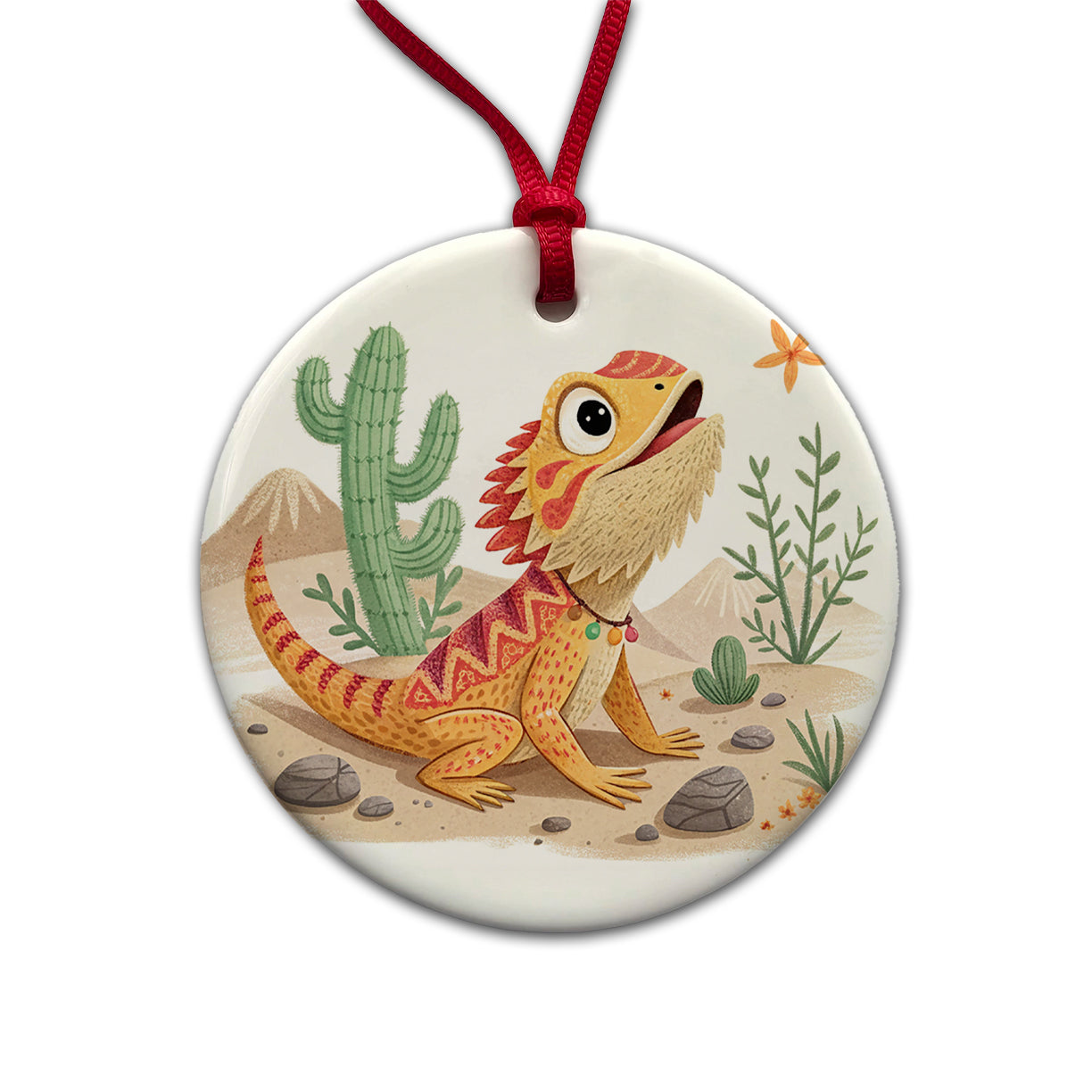 Bearded Dragon Children's Illustration Style Round Ceramic Holiday Christmas Tree Ornament