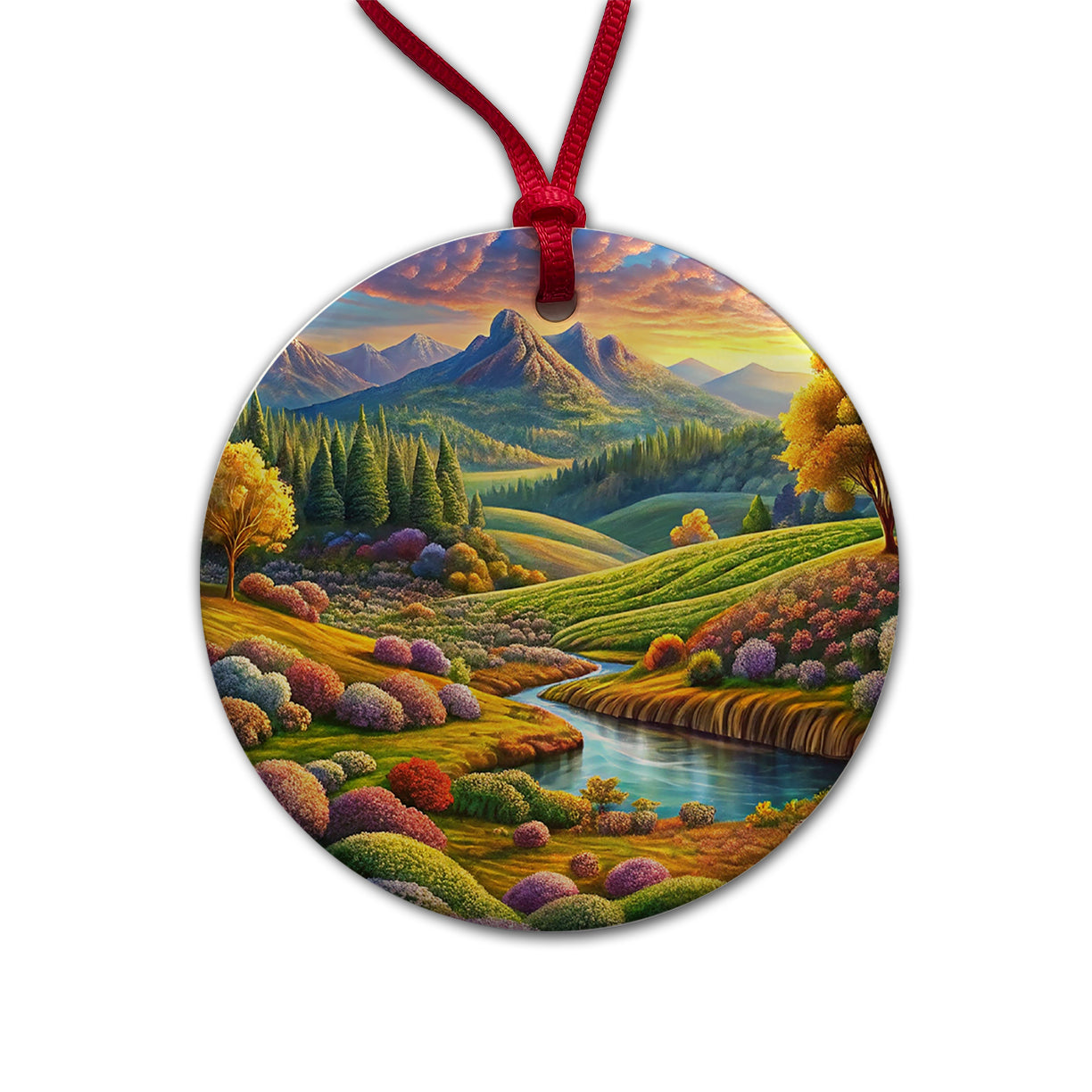 Beautiful Colorful Pastel Landscape Round Ceramic Holiday Christmas Tree Ornament