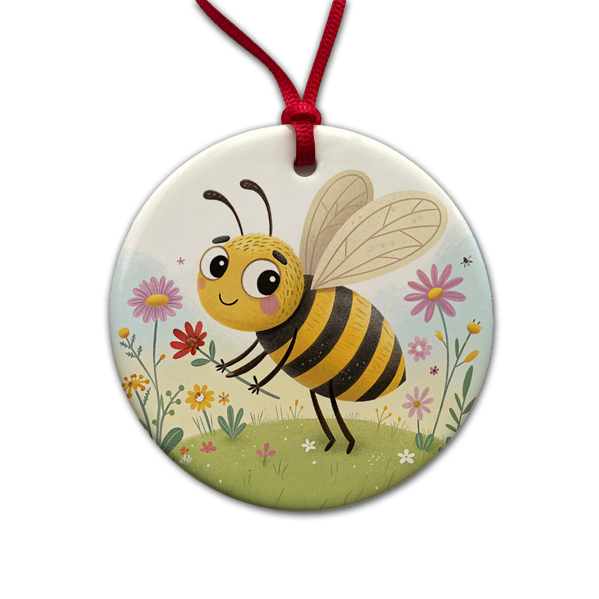 Bee Children's Illustration Style Round Ceramic Holiday Christmas Tree Ornament