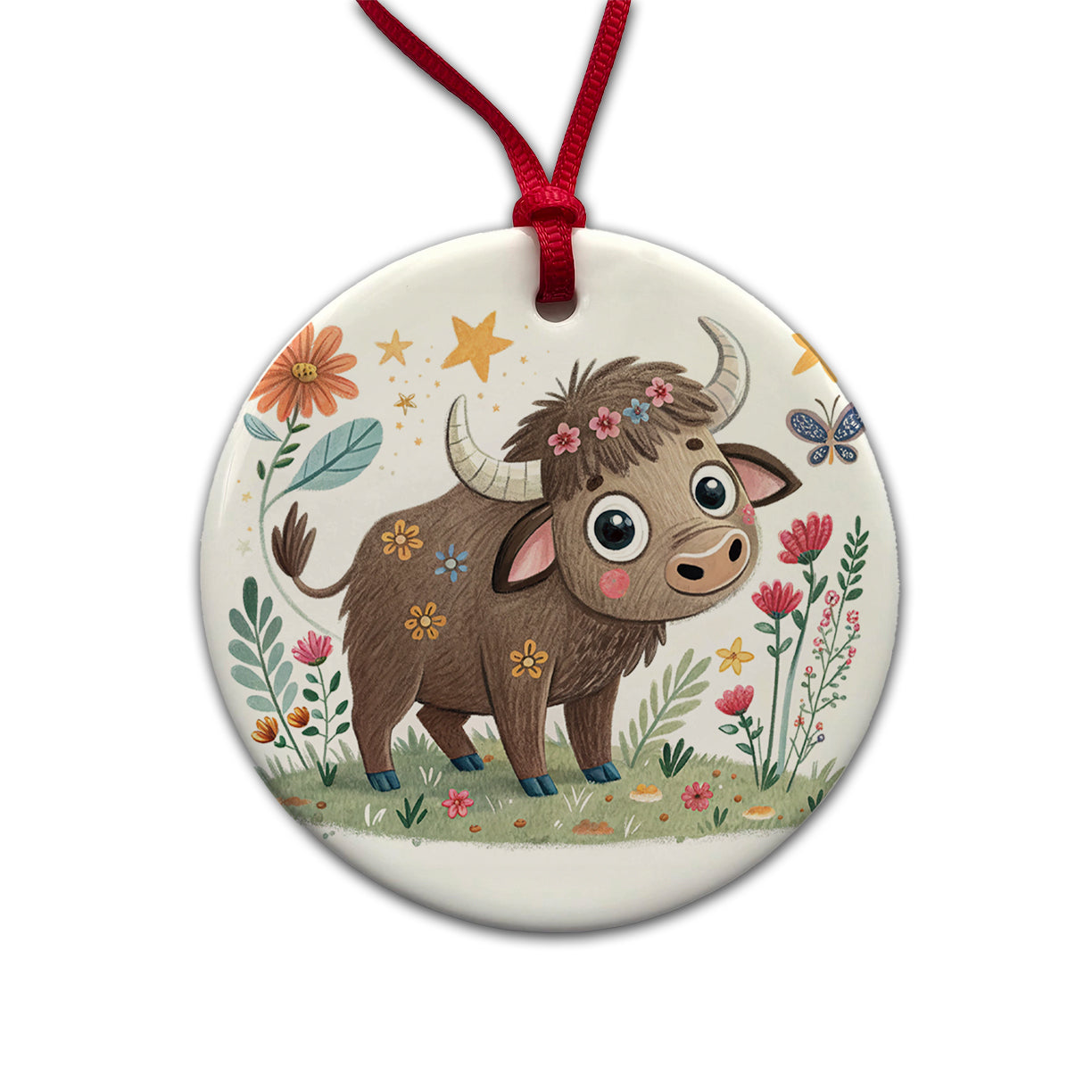 Bison Buffalo Children's Illustration Style Round Ceramic Holiday Christmas Tree Ornament