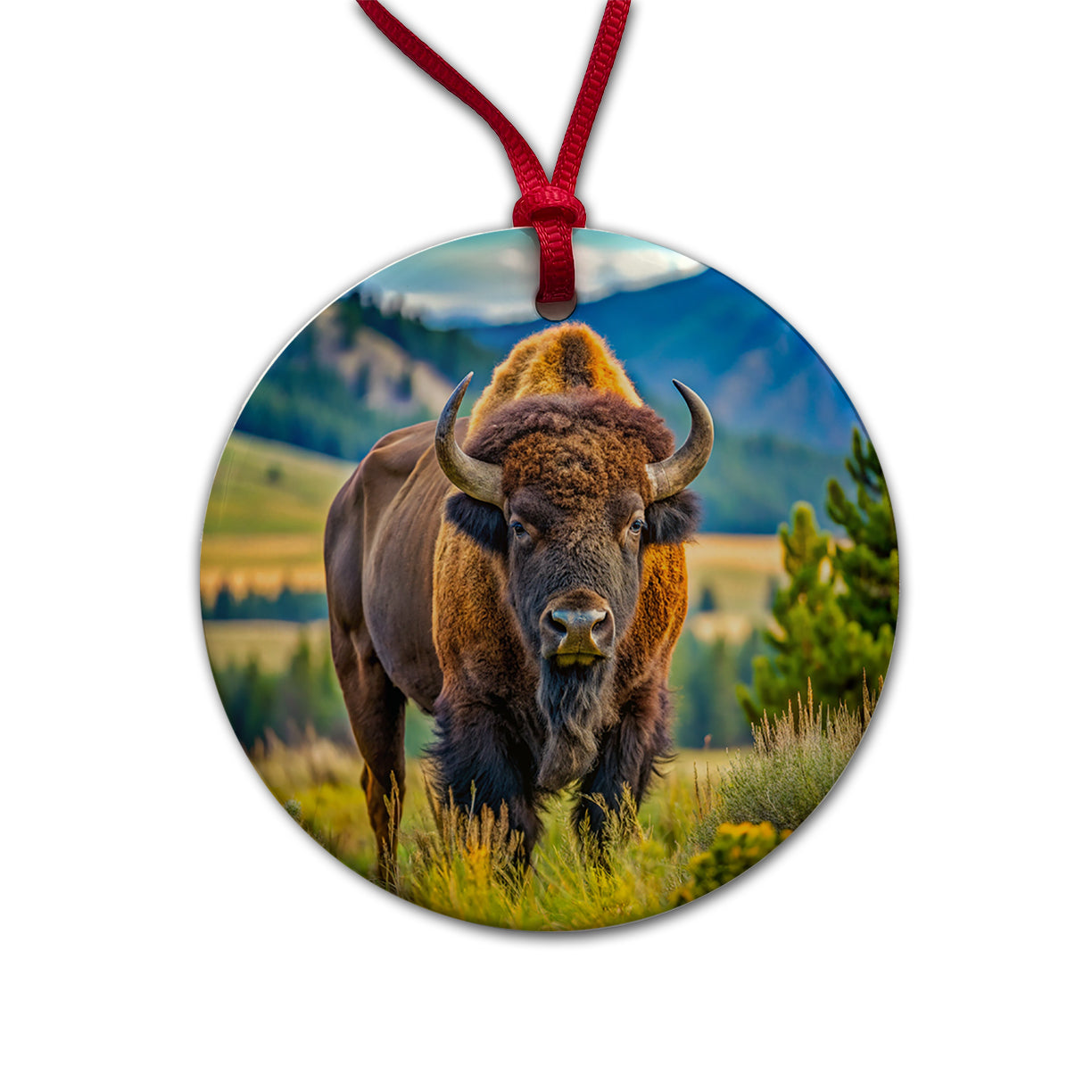 Bison Buffalo Round Ceramic Holiday Christmas Tree Ornament