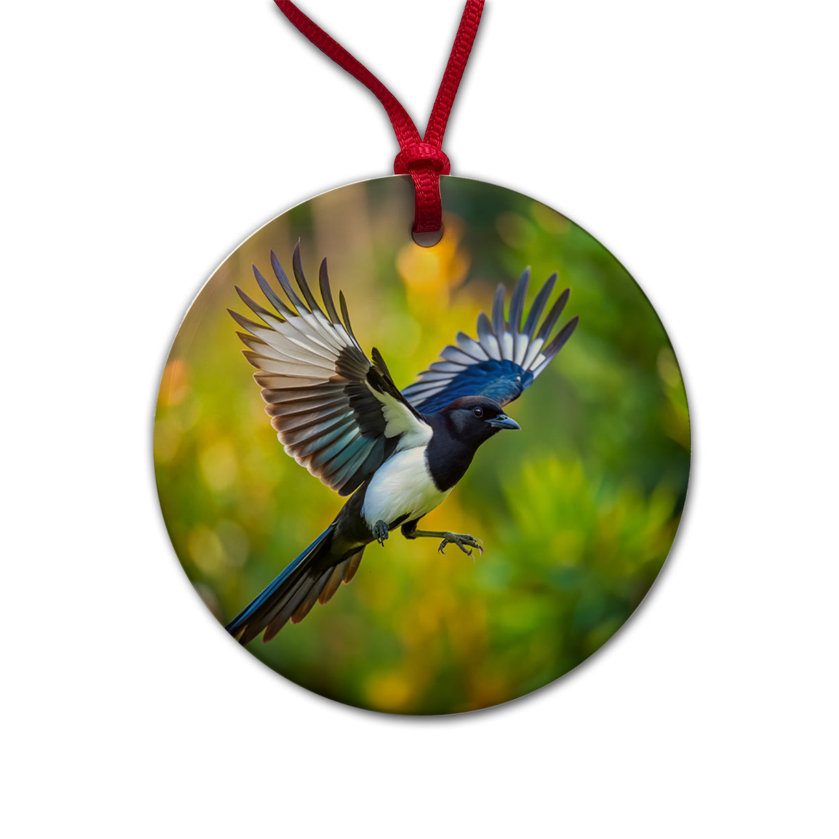 Black Billed Magpie Flying Backyard Bird Round Ceramic Holiday Christmas Tree Ornament