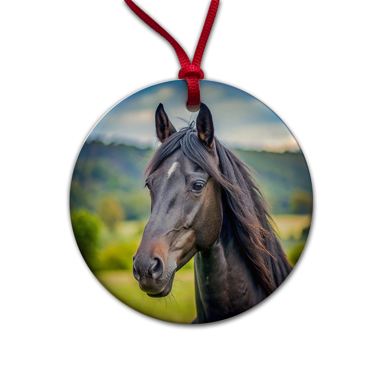 Black Horse Face Round Ceramic Holiday Christmas Tree Ornament