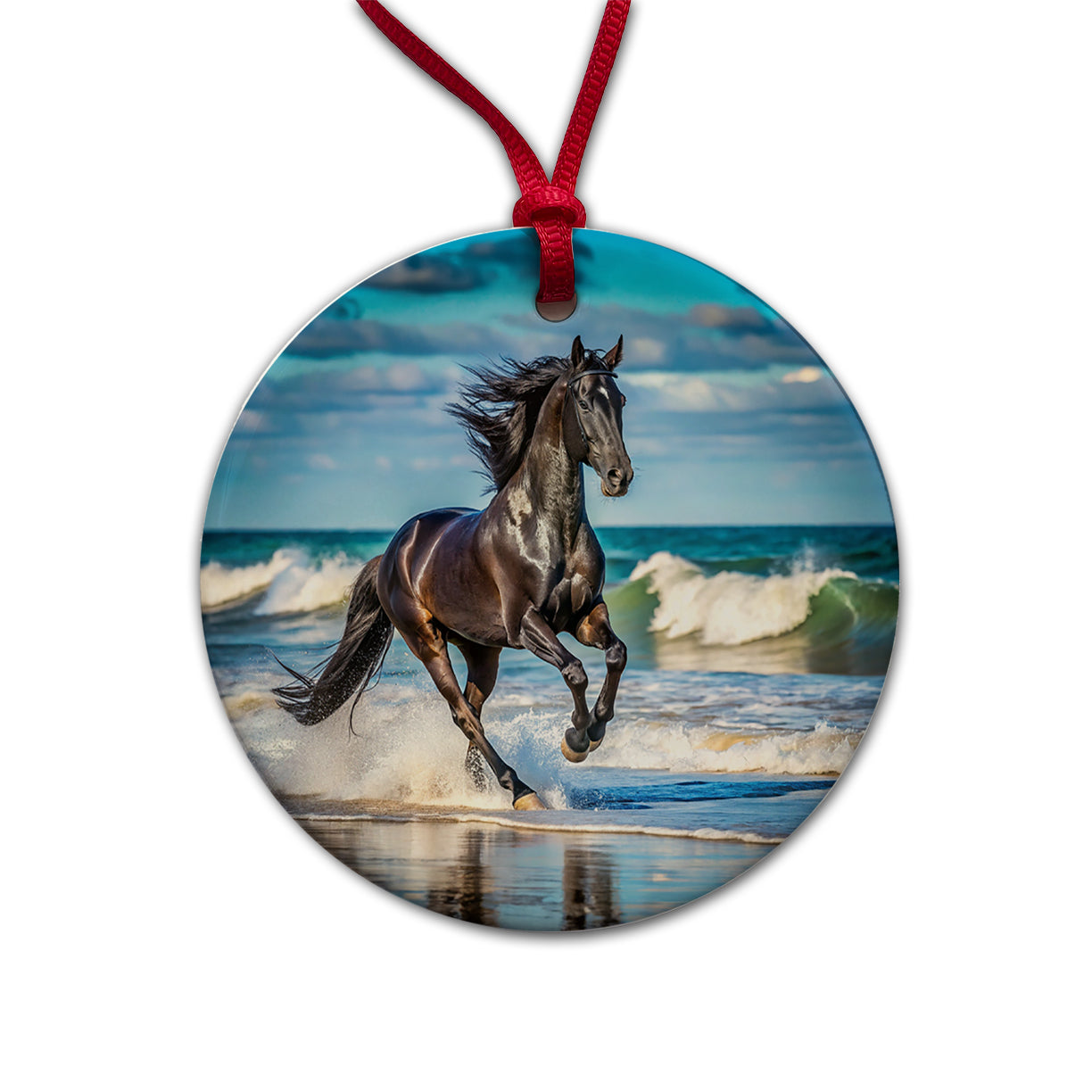 Black Horse Stallion Galloping On The Beach Round Ceramic Holiday Christmas Tree Ornament