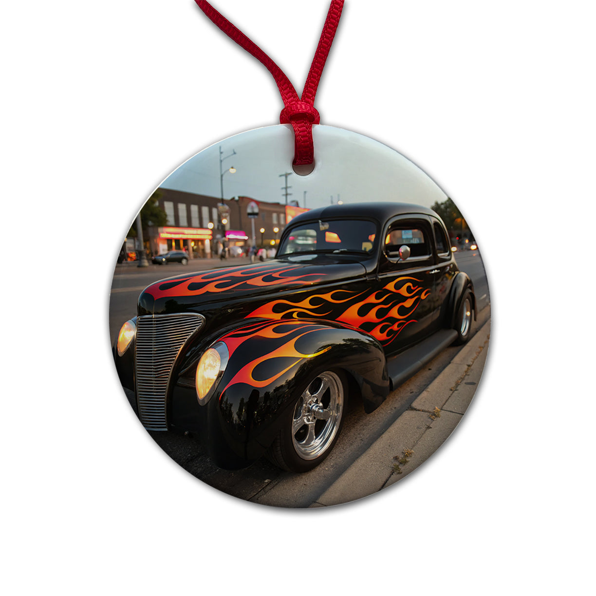 Black Hot Rod Classic Car With Flames Round Ceramic Holiday Christmas Tree Ornament