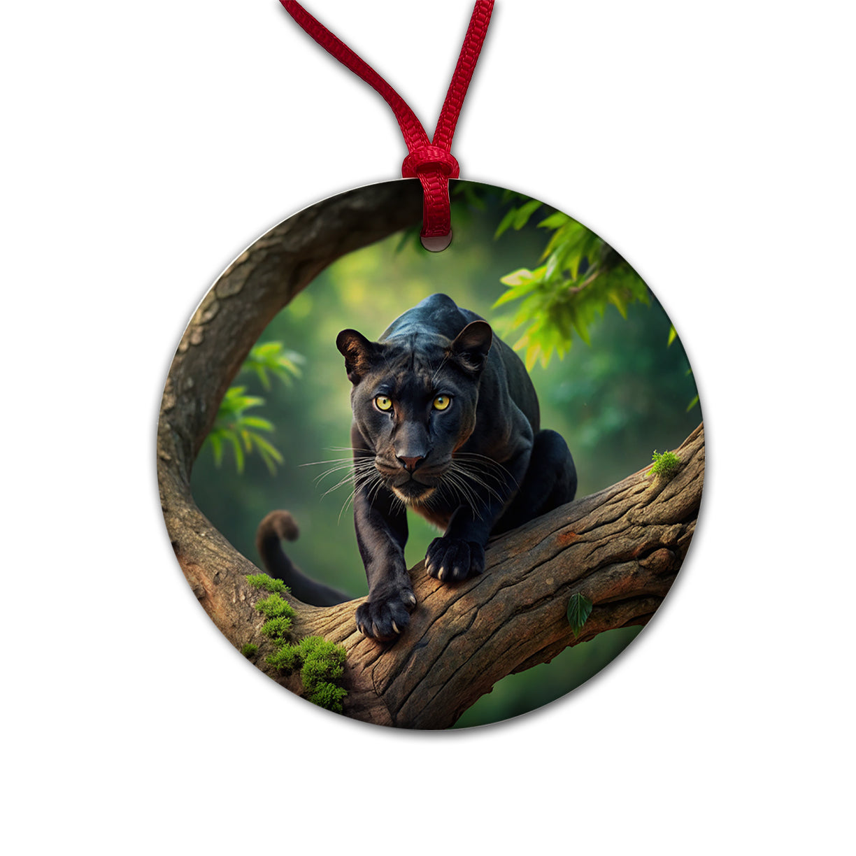 Black Panther on Branch Round Ceramic Holiday Christmas Tree Ornament