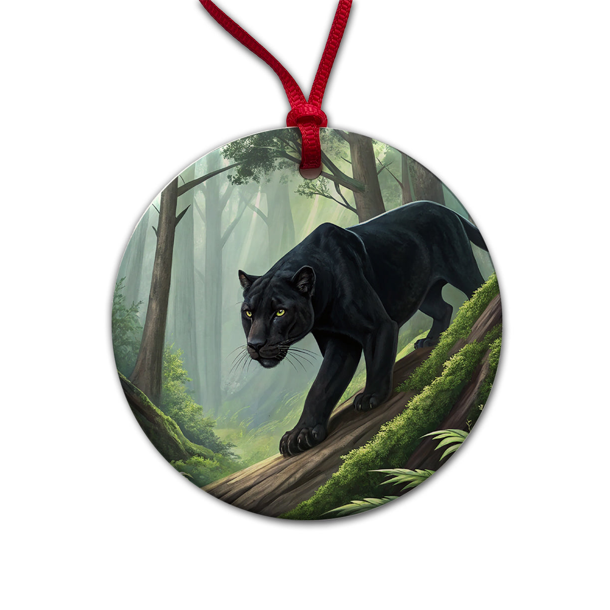 Black Panther Stalking Prey Round Ceramic Holiday Christmas Tree Ornament