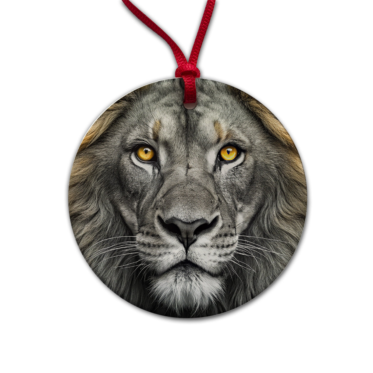 Black White Lion's Face with Gold Eyes Round Ceramic Holiday Christmas Tree Ornament