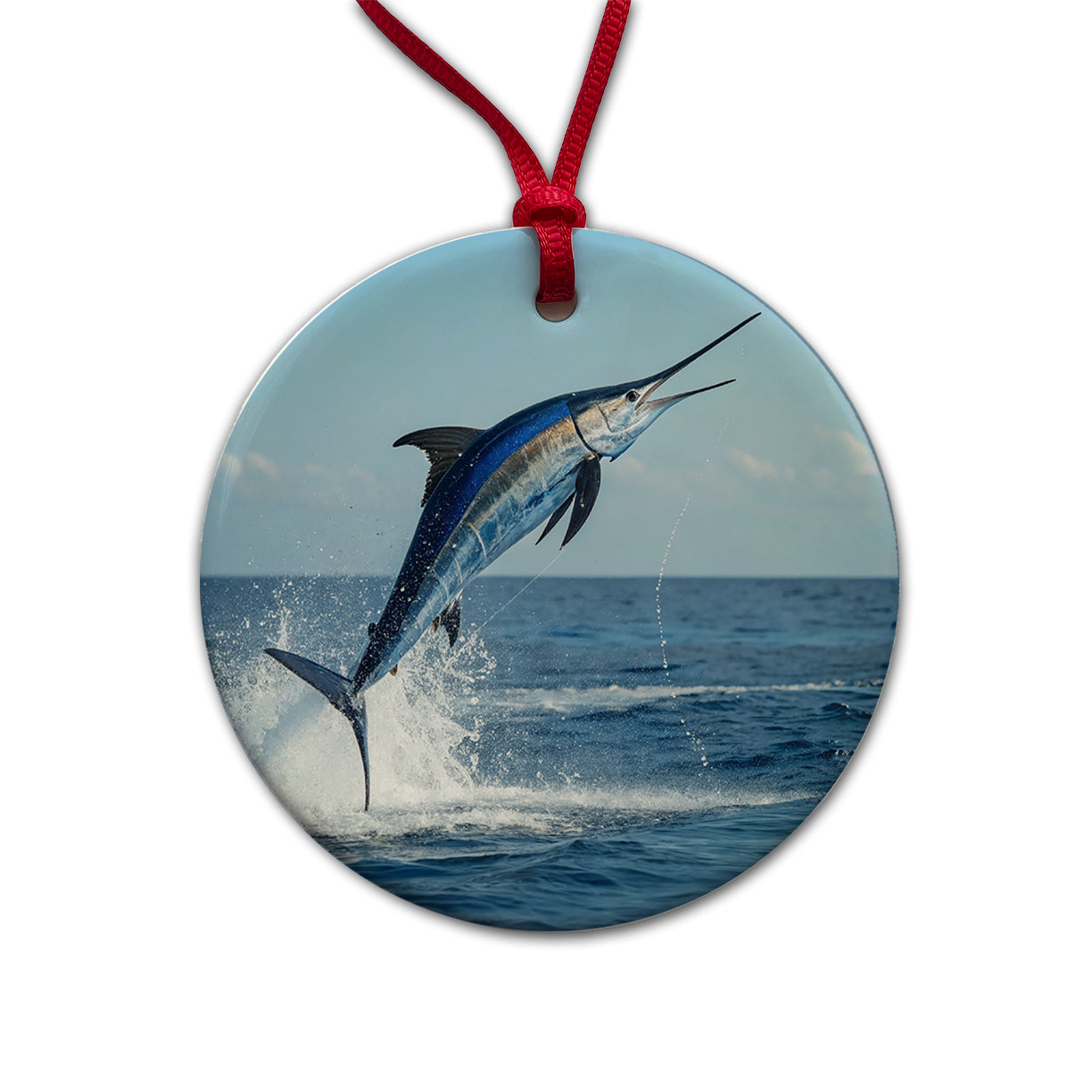 Blue Marlin Fish Leaping Out Of Water Round Ceramic Holiday Christmas Tree Ornament