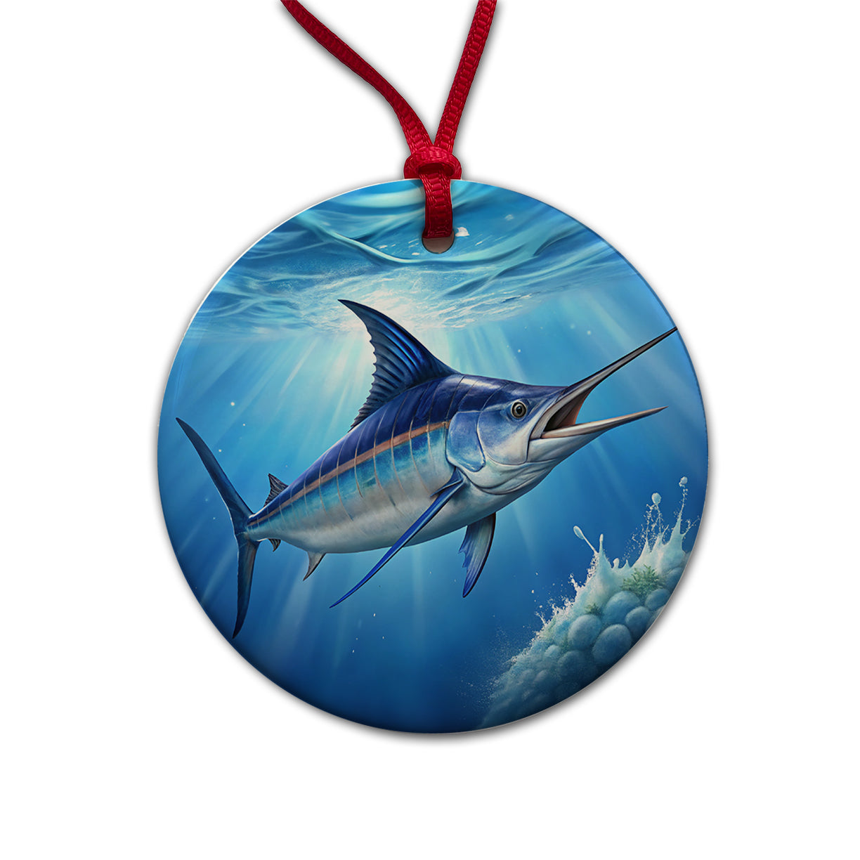 Blue Marlin Fish Round Ceramic Holiday Christmas Tree Ornament