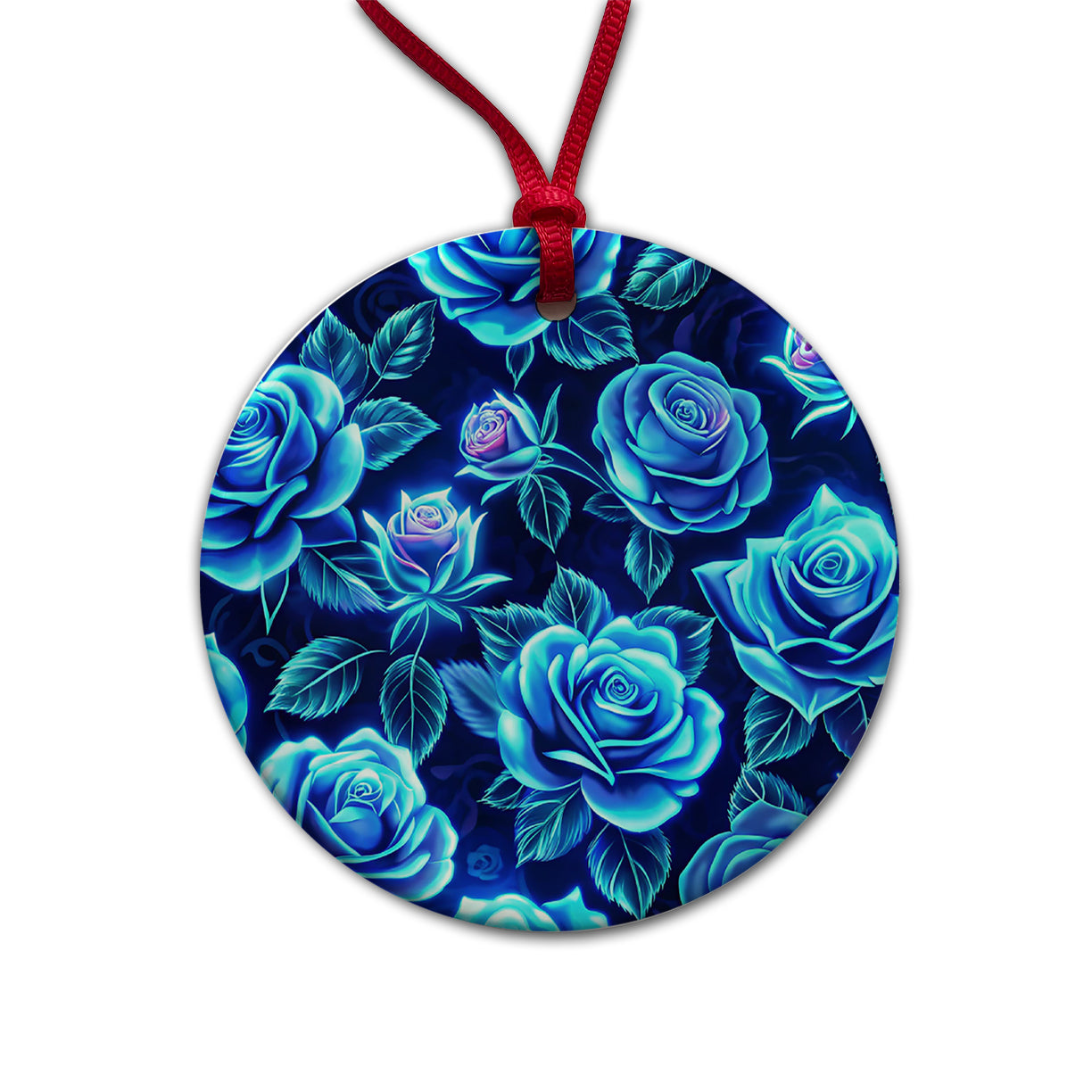 Blue Neon Rose Floral Pattern Round Ceramic Holiday Christmas Tree Ornament