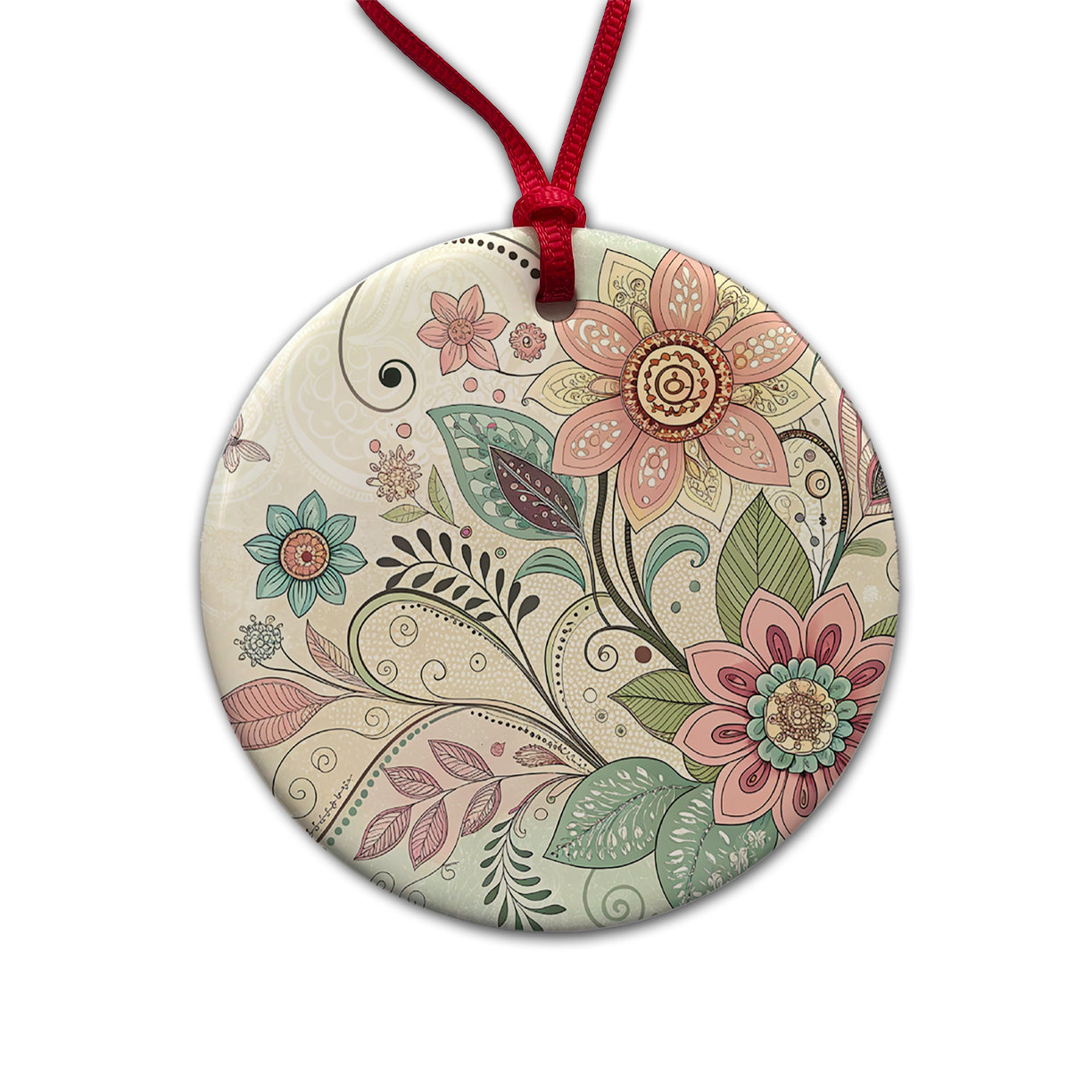 Boho Floral Flowers Leaves Round Ceramic Holiday Christmas Tree Ornament