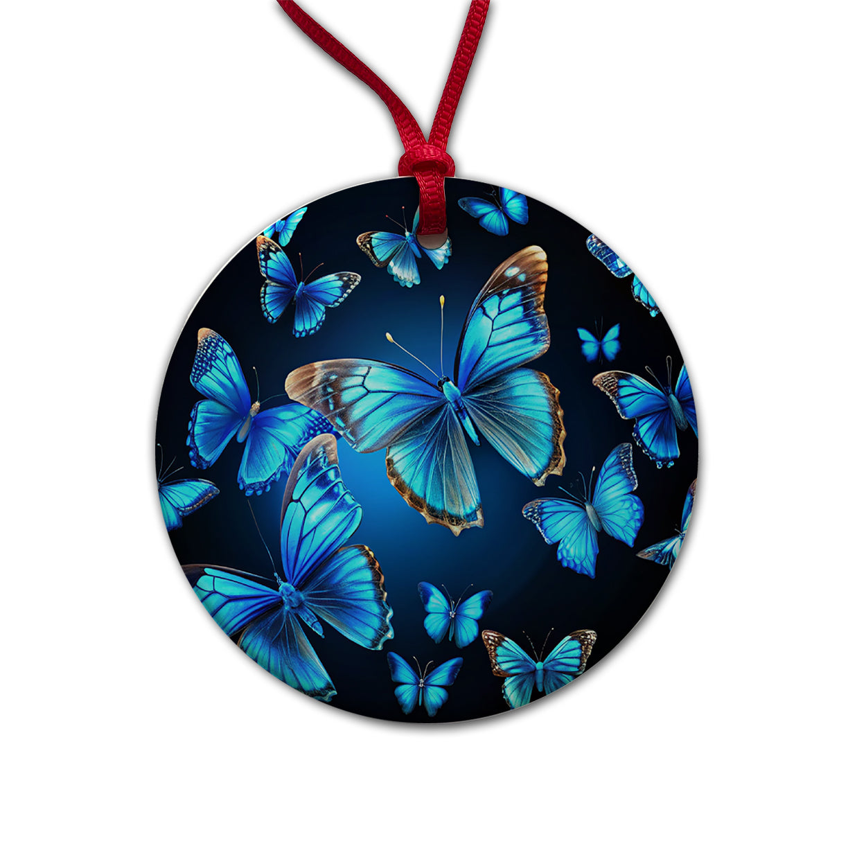 Bright Neon Blue Butterflies Round Ceramic Holiday Christmas Tree Ornament