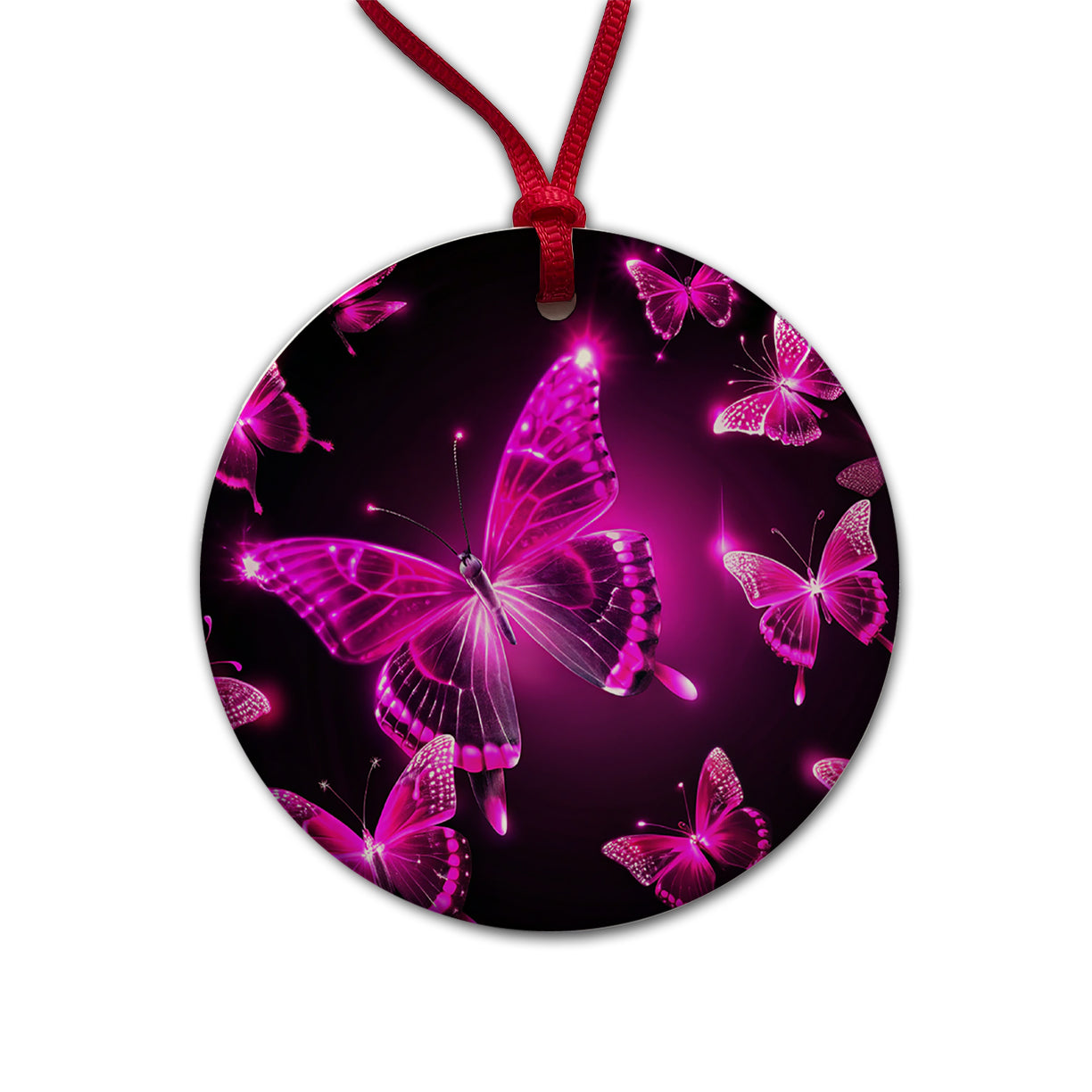 Bright Neon Pink Butterflies Round Ceramic Holiday Christmas Tree Ornament