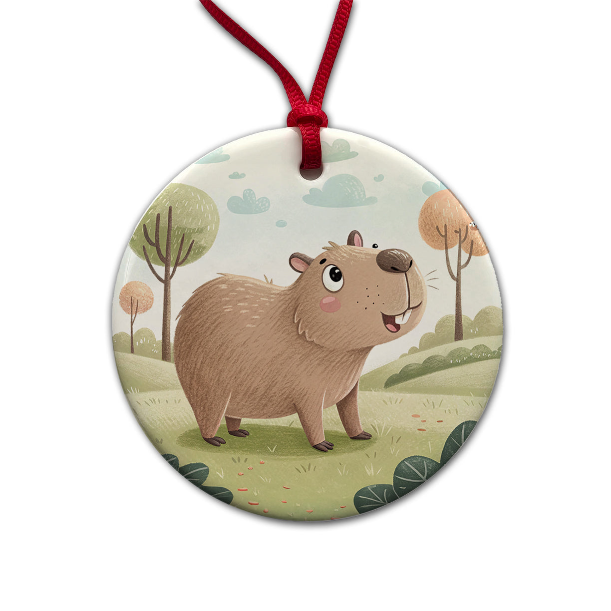 Capybara Children's Illustration Style Round Ceramic Holiday Christmas Tree Ornament