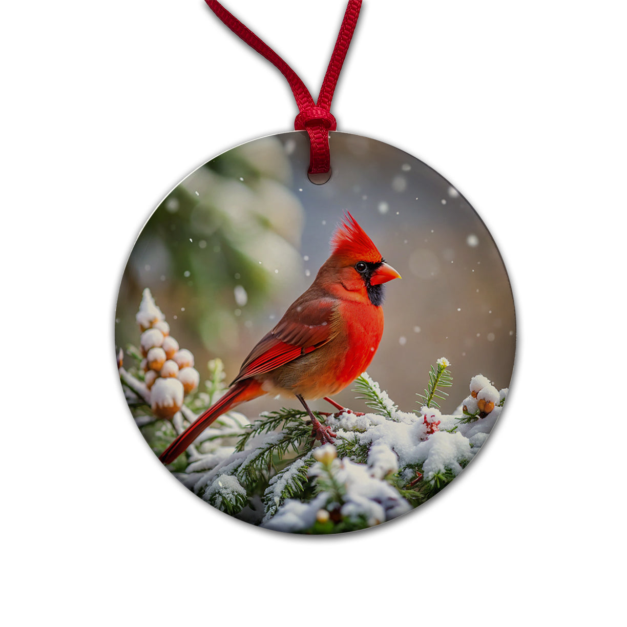 Cardinal In Winter Backyard Bird Round Ceramic Holiday Christmas Tree Ornament