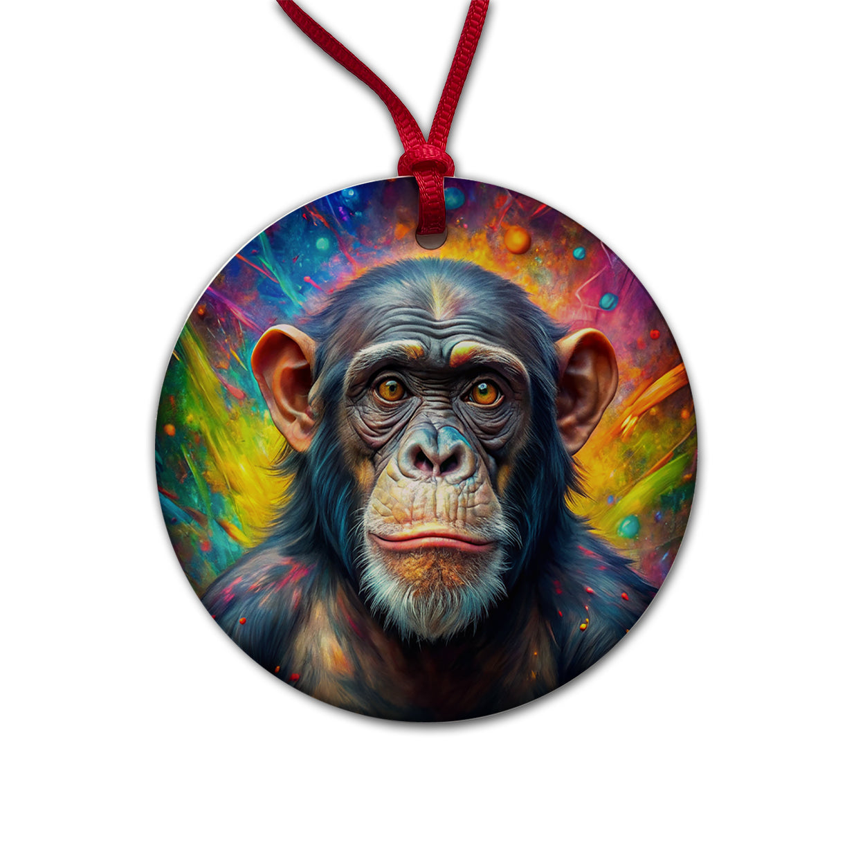 Chimpanzee Monkey Colorful Abstract Art Round Ceramic Holiday Christmas Tree Ornament
