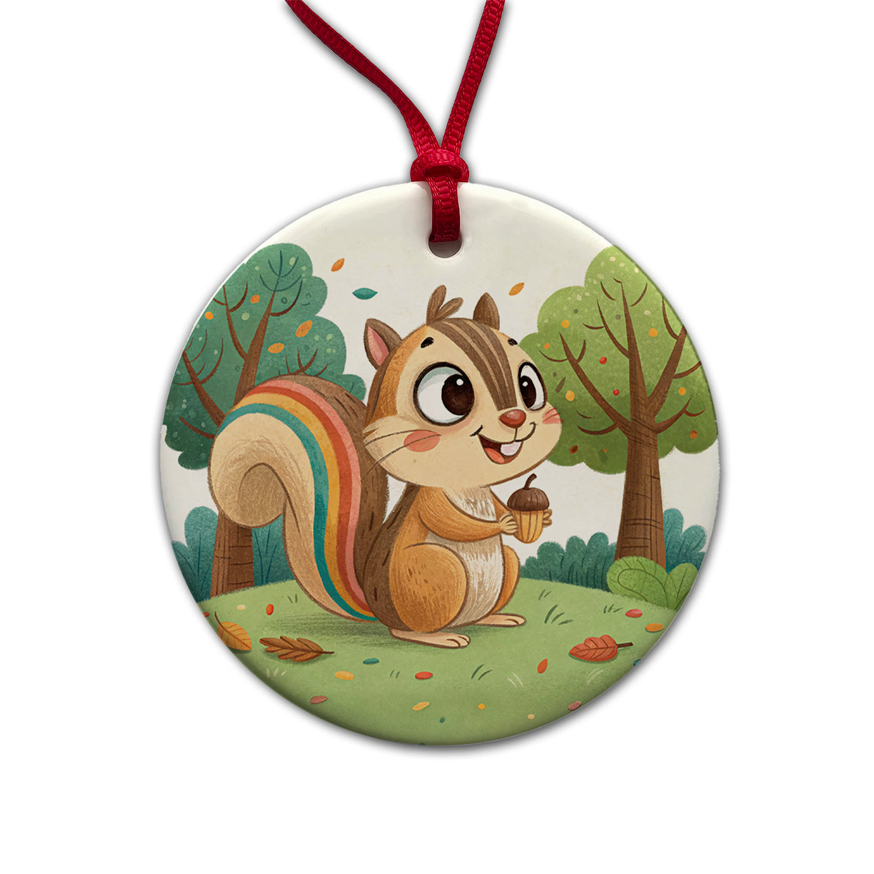 Chipmunk Children's Illustration Style Round Ceramic Holiday Christmas Tree Ornament