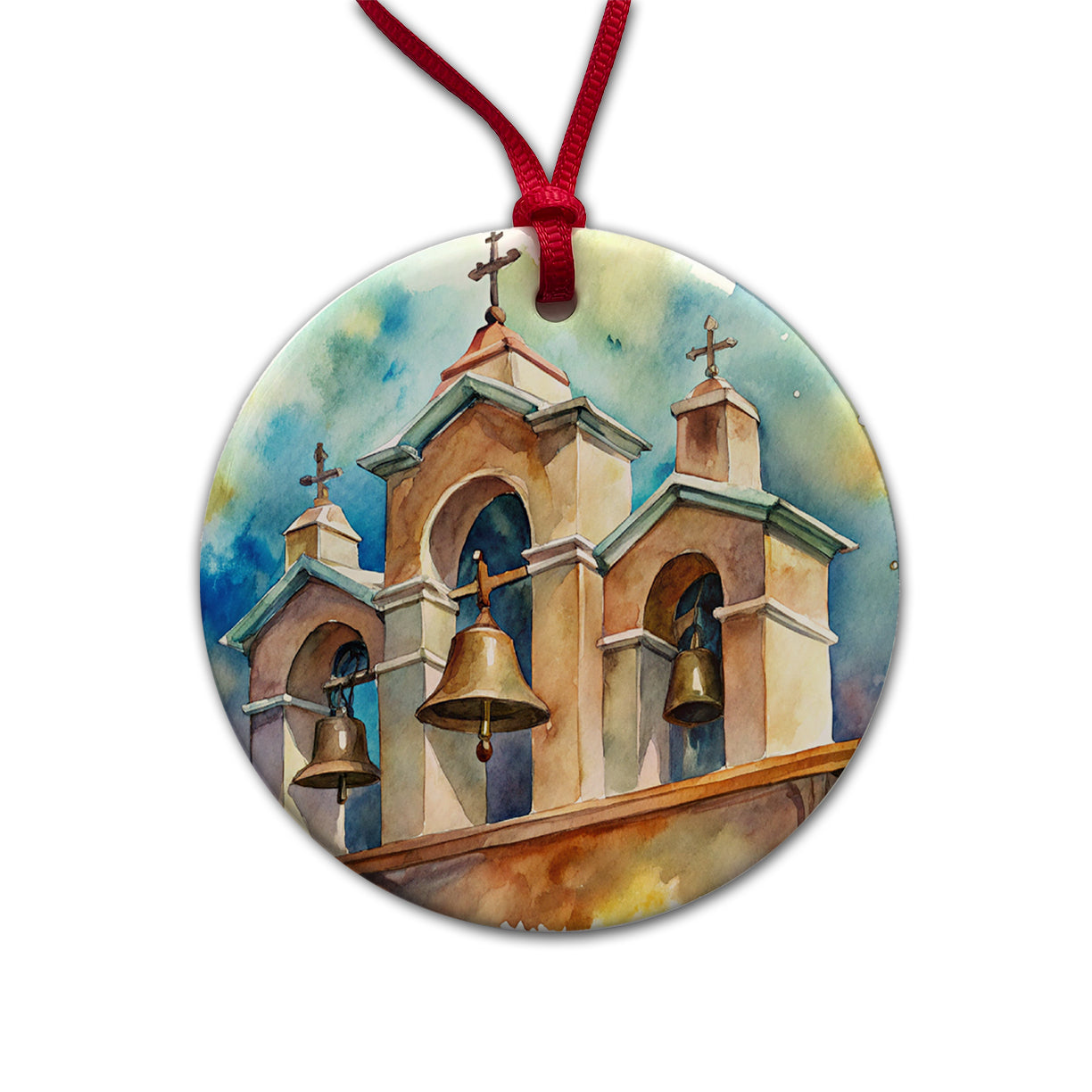 Church Mission Bells Watercolor Round Ceramic Holiday Christmas Tree Ornament