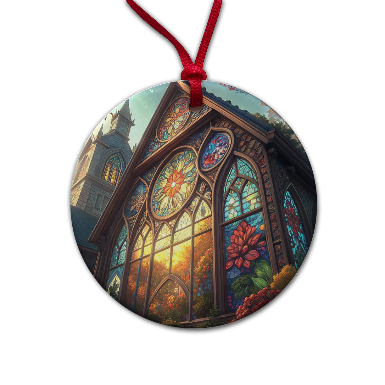Church Stained Glass Windows Round Ceramic Holiday Christmas Tree Ornament
