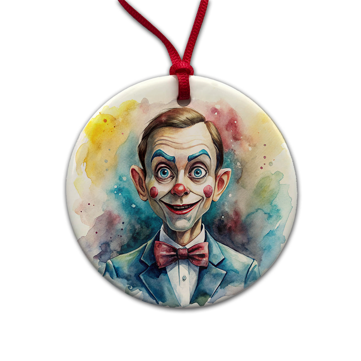 Creepy Ventriloquist Dummy Watercolor Round Ceramic Holiday Christmas Tree Ornament