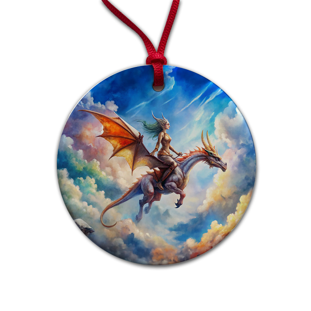 Dragon and Rider Flying Watercolor Round Ceramic Holiday Christmas Tree Ornament