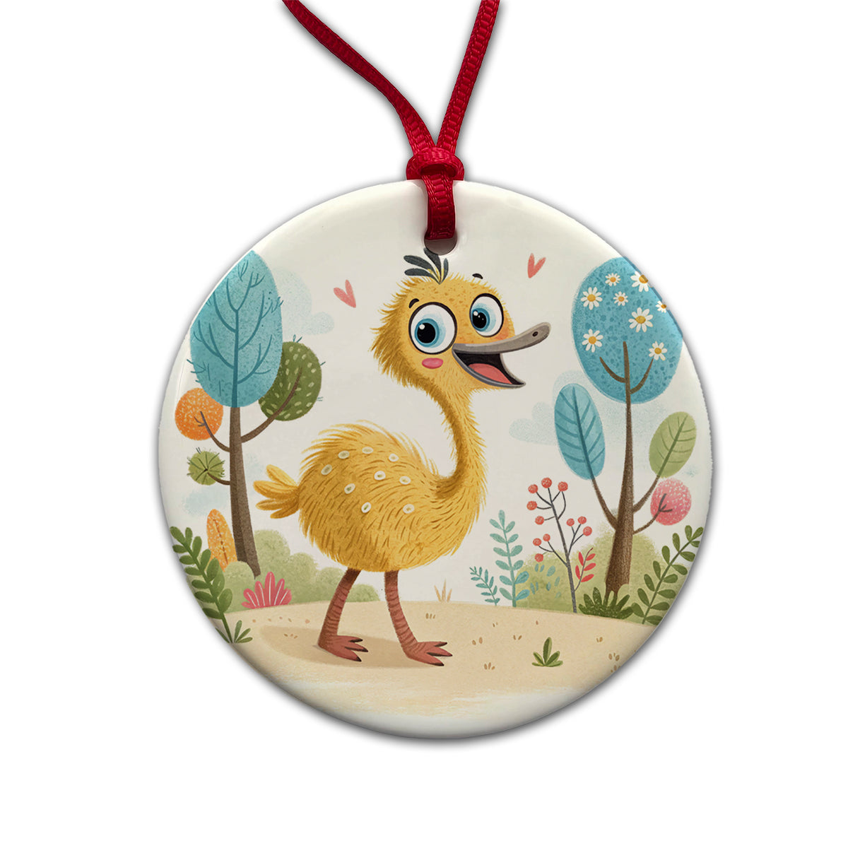 Emu Children's Illustration Style Round Ceramic Holiday Christmas Tree Ornament