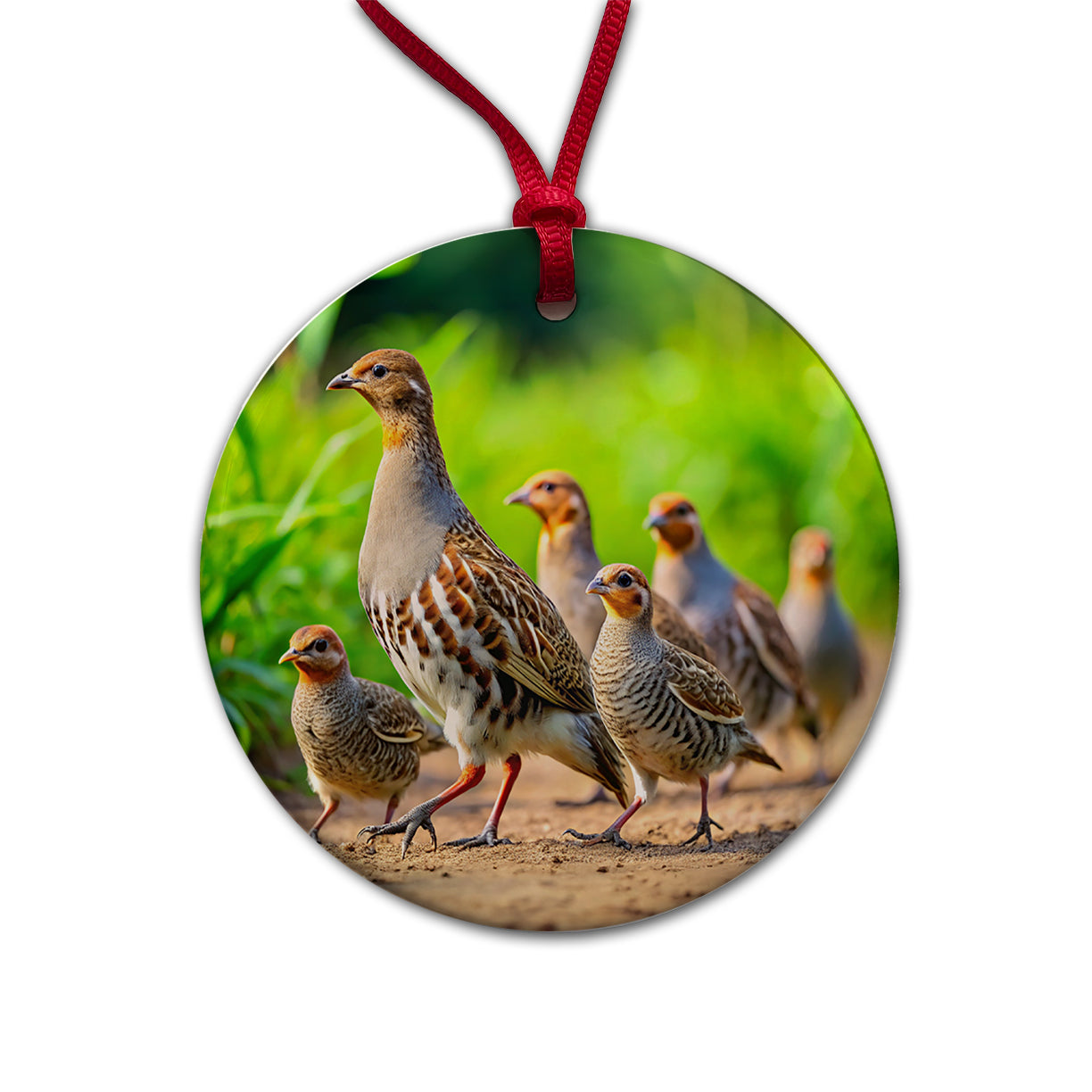 Family Of Partridge Birds Round Ceramic Holiday Christmas Tree Ornament