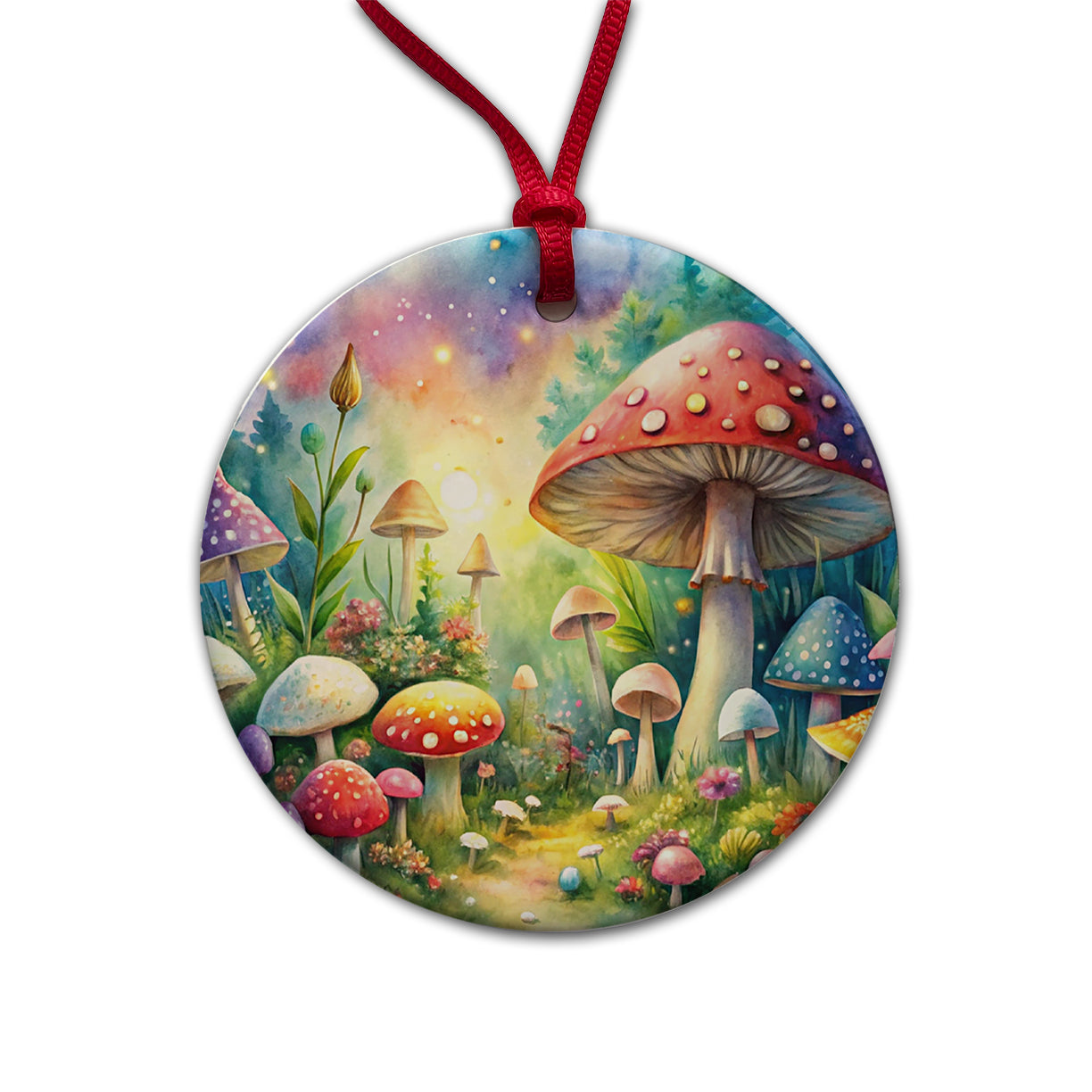 Fantastical Magical Mushroom Garden Watercolor Round Ceramic Holiday Christmas Tree Ornament