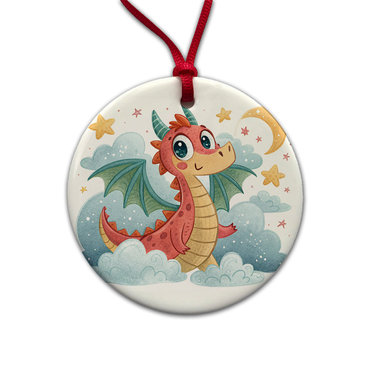 Fantasy Dragon Children's Illustration Style Round Ceramic Holiday Christmas Tree Ornament